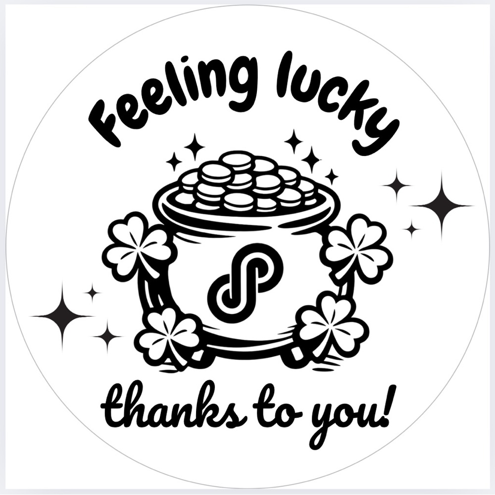Handmade 50 Count Pot of Gold “Feeling Lucky Thanks to You” Stickers 2” x 2”